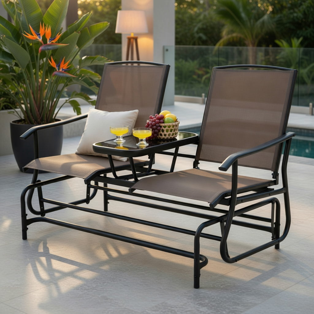Hommoo 2-Person Outdoor Rocking Loveseat with Tempered Glass Center Table, Steel Frame Seating for Patio, Lawn & Garden, Brown