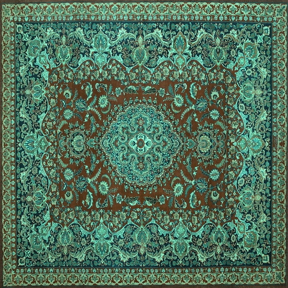 Ahgly Company Indoor Square Medallion Turquoise Blue Traditional Area Rugs, 8' Square