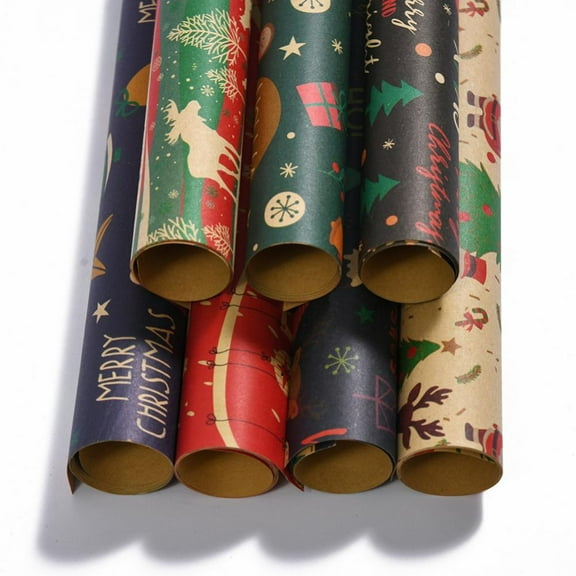 8 Rolls Christmas Wrapping Paper Kraft Paper,Snowman Santa Claus Elk Christmas Tree Christmas Ball Christmas Elements Print Paper Assorted Gift Wrap,20 x 27.5 inches Per Roll