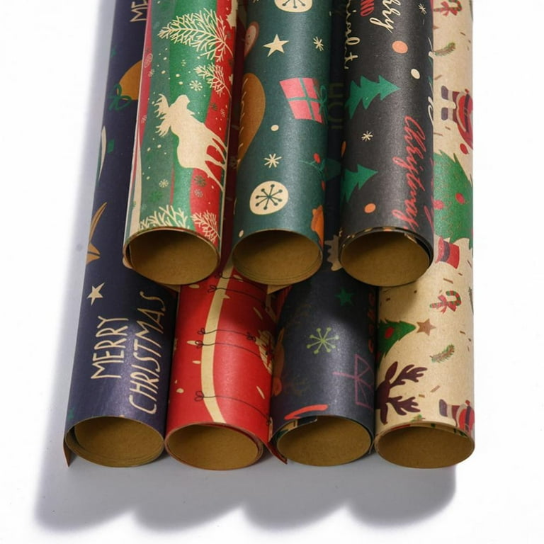 3 Rolls Christmas Wrapping Paper for Kids with Cut Christmas Elements Print  Brown Kraft Paper with Christmas Lights, Deer,  Snowflakes,Snowmen(19.627.6, Sheet of 3) 