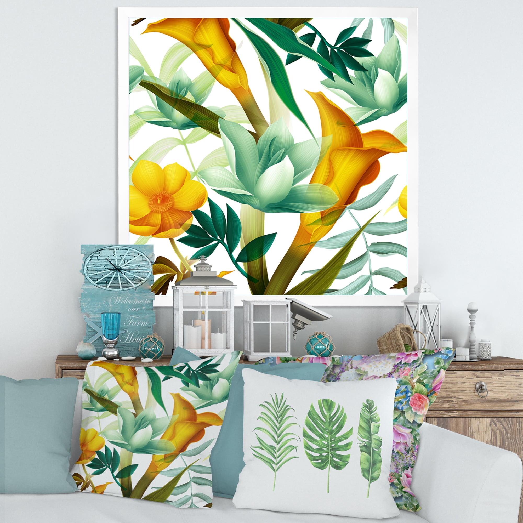 Designart 'Yellow Flowers and Tropical Foliage III' Modern Framed Art Print