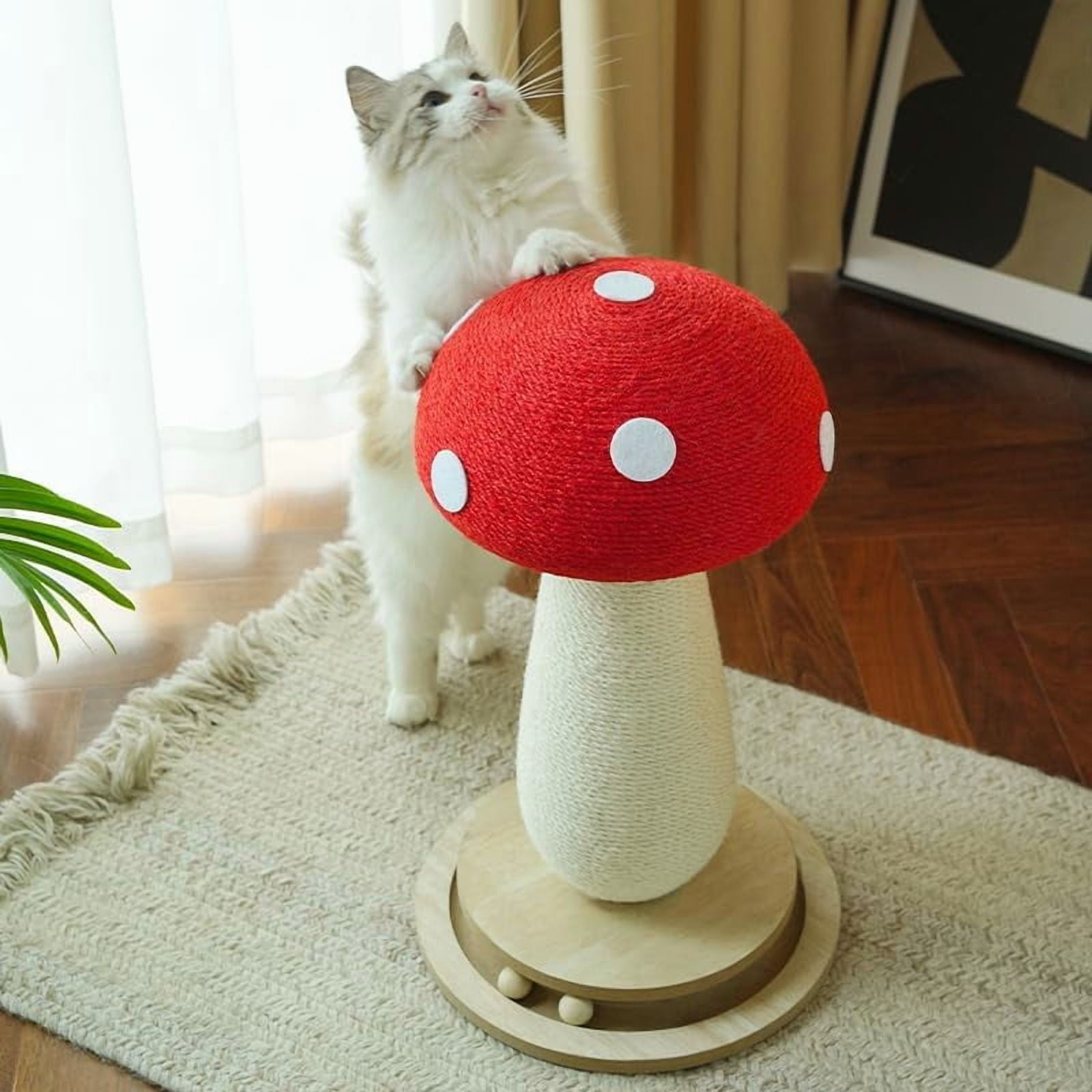 Mushroom Cat Scratching Post for Indoor Cats, Cute Scratching Post with Durable Solid Wood Spinner Toy, Mushroom-Shaped Cat Toy and Sisal Scratching Post to Protect Your Furniture