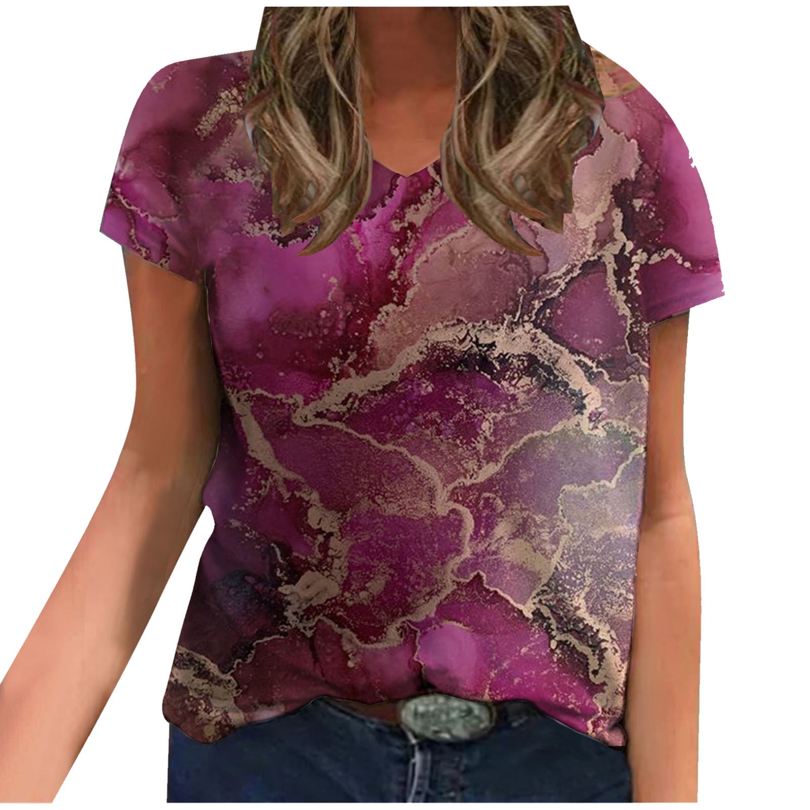 Zodggu Plus Basic Tees for Women 2023 Reduced Vacation Trendy Short Sleeve  Womens Tops Marbled Print Blouse Summer Fashion V Neck Shirts Comfy Loose  