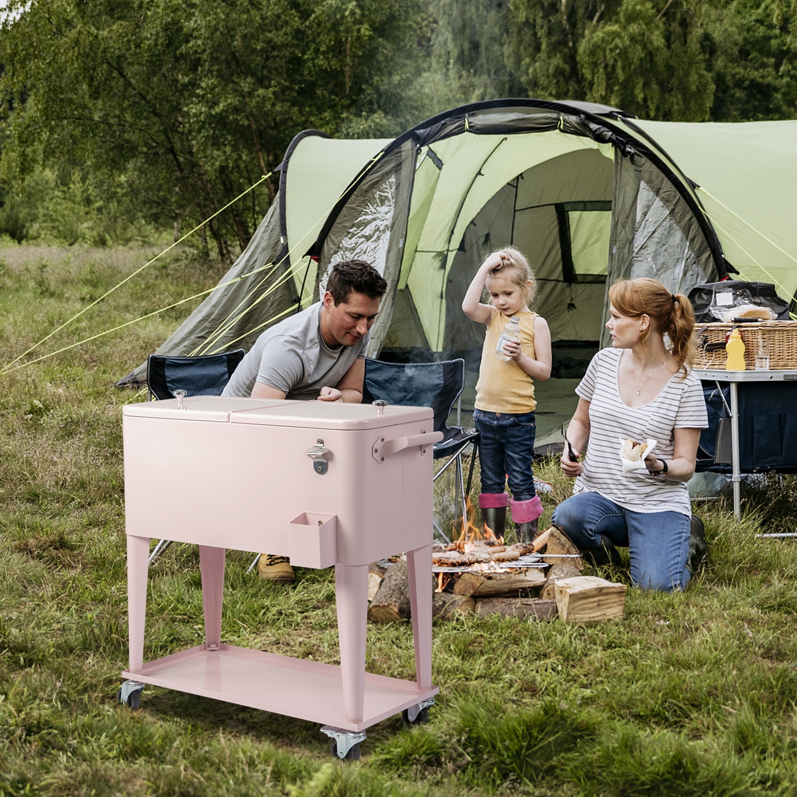 Ktaxon 80 Qt Rolling Ice Chest Cooler Cart Outdoor Trolley with Storage Shelf, Bottle Opener & Cap Collector for 48 Hour Cold Drinks, Pink