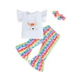 thumbnail image 2 of Toddler Kid Girl Easter Clothes Set, Cartoon Bunny Print Fly Sleeve Tops + Rainbow/Printed Rabbits Flare Pant + Headband, 2 of 10
