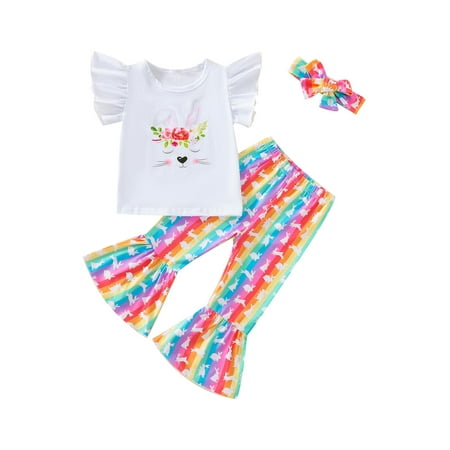 

Licupiee Toddler Baby Girl Easter Clothes Cartoon Bunny Print T Shirt Ruffle Fly Sleeve Tops Rabbits Flare Pants Rainbow Outfit