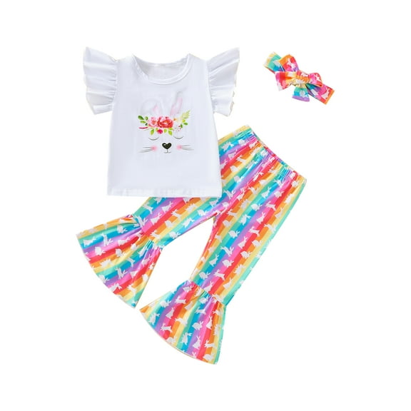 Bagilaanoe 2Pcs Toddler Baby Girl Easter Outfits Cartoon Print Fly Sleeve T-shirt Tops Flare Trousers Headband 18M 24M 3T 4T 5T 6T Kids Long Pants Set