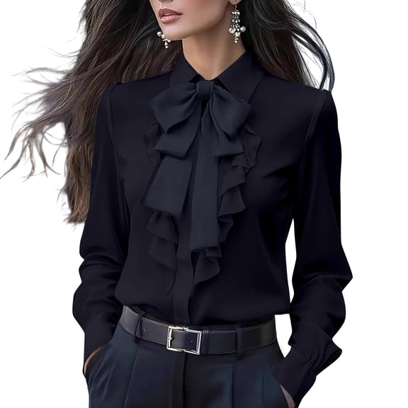 Womens Vintage Long Sleeve Ruffled Casual Work Shirt Elegant Bow Blouse Basic Tops Fashion Spring Fall Clothes Black XL