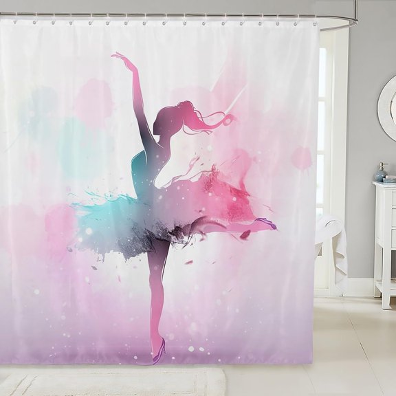 Ballerina Girl Shower Curtain Blue Pink Watercolor Bathroom Shower Curtain Set for Kids Adult Dance Art Bath Curtain Watercolor Waterproof Curtains Room Decor 72 x 72 Inch