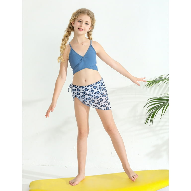 3 Pieces Bikini Kids Wrap Criss Cross Swimsuit Little Girls Print Swimwear  with Cover Up Beach Skirt 8-12T