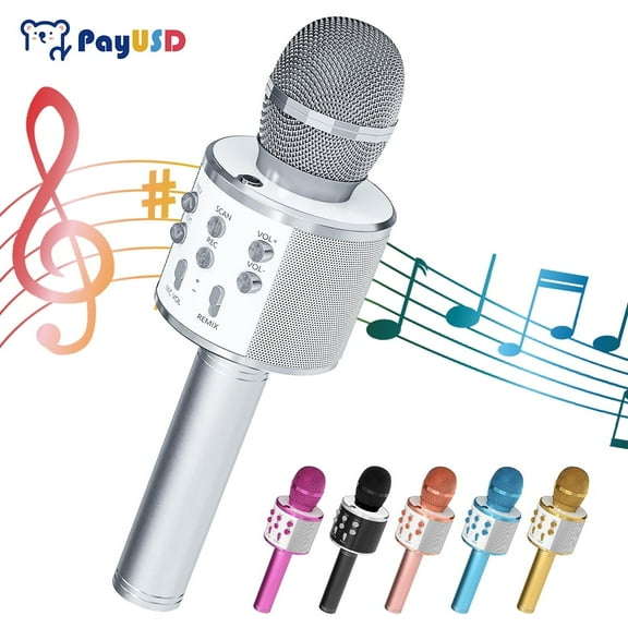 Wireless Microphone for Kids Bluetooth Karaoke Microphone for adults 5-in-1 Portable Handheld Mic Speaker Birthday Christmas Gifts Toys for Girls Boys Adults All Age, Silver