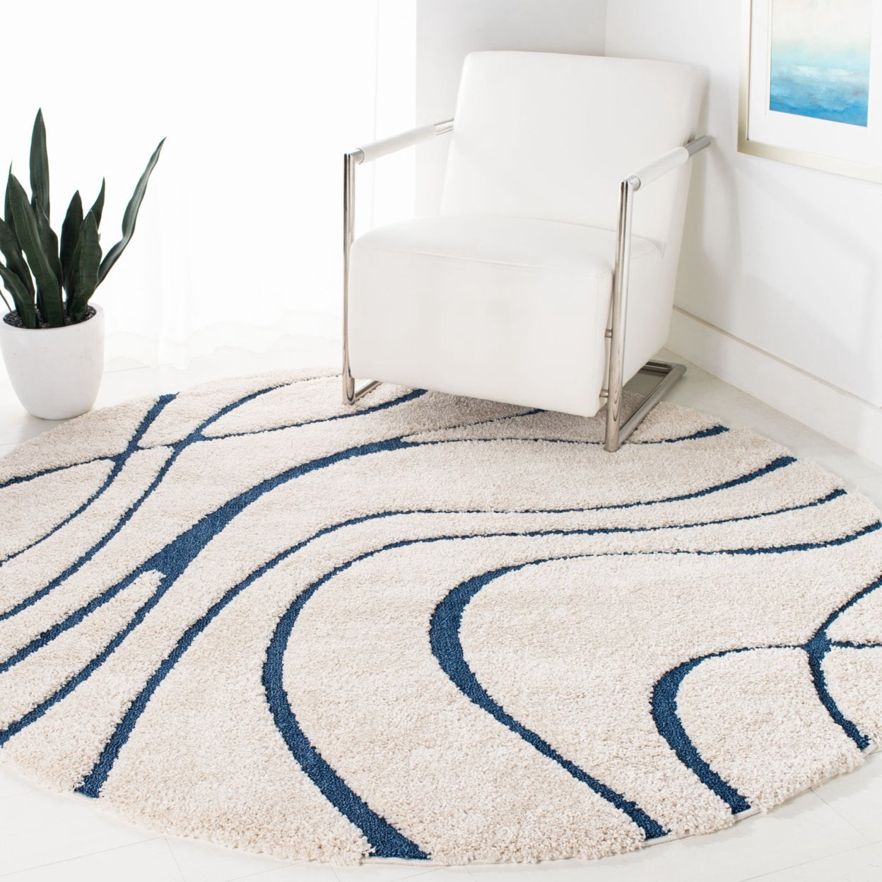 SAFAVIEH Florida Tamzen Abstract Shag Area Rug, Cream/Blue, 8' x 8' Square