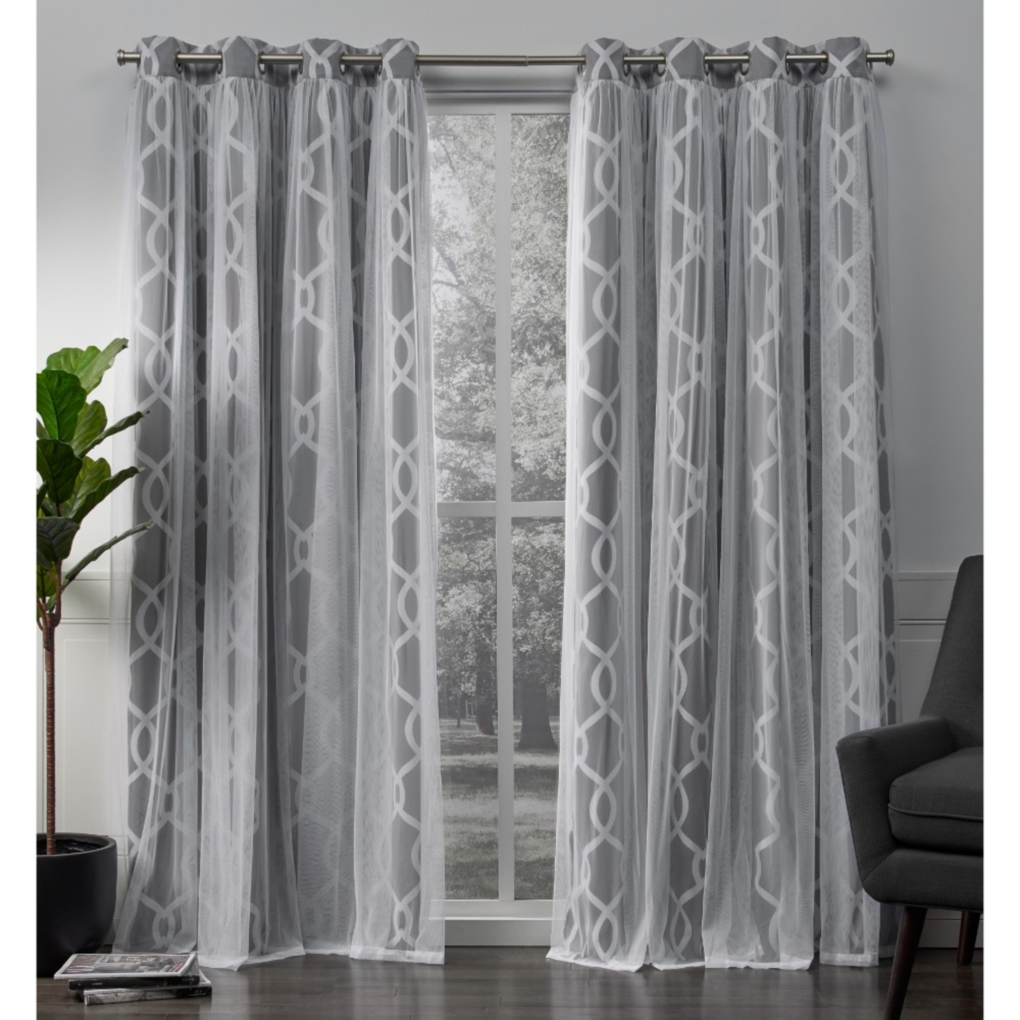 Exclusive Home Curtains 2 Pack Carmela Layered Geometric Blackout and Sheer Grommet Top Curtain Panels, Charcoal, 52x84