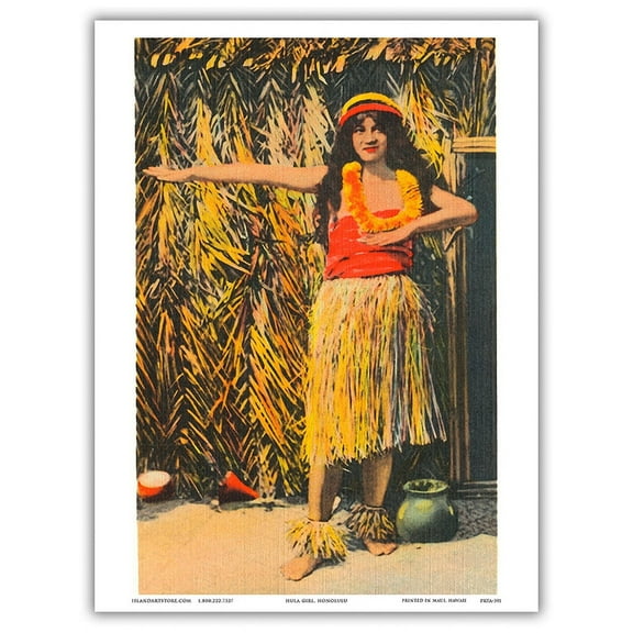 Young Hawaiian Hula Girl - Hawai’i “Hula Girl Honolulu” - Vintage Hawaiian Color Postcard c.1930s - Master Art Print (Unframed) 9in x 12in