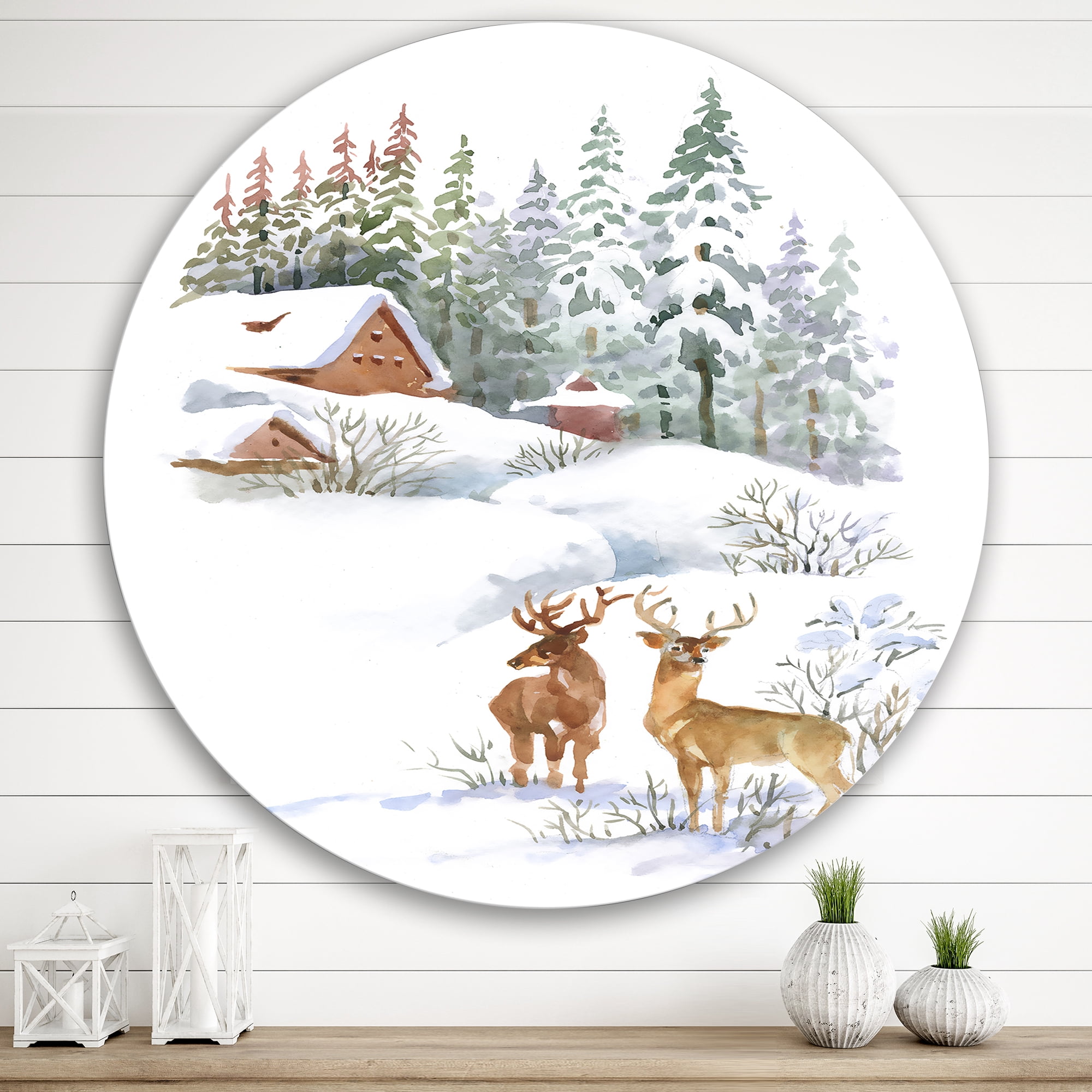 Designart 'Two Deers With Winter Cottage' Farmhouse Circle Metal Wall Art 36x36 - Disc of 36