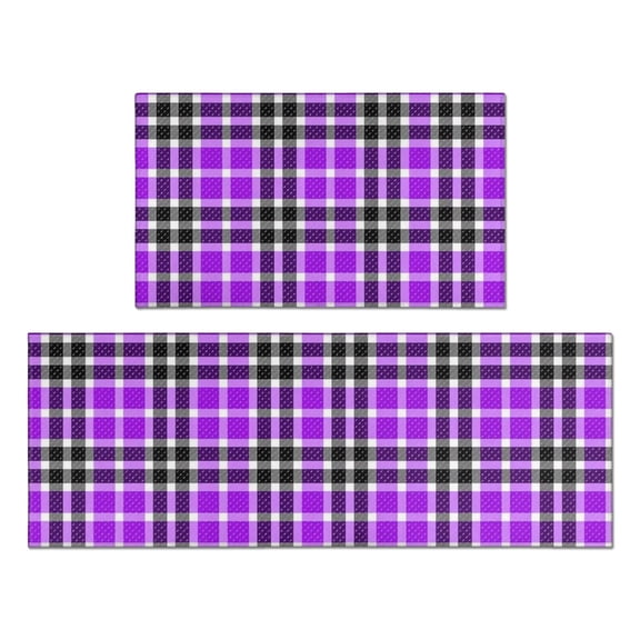 Purple and Black Checkered Pattern Anti Fatigue Kitchen Rugs Set Of 2, Non Slip Washable Decorative Floor Mats for Kitchen Sink Laundry, 17"x30" and 17"x47"