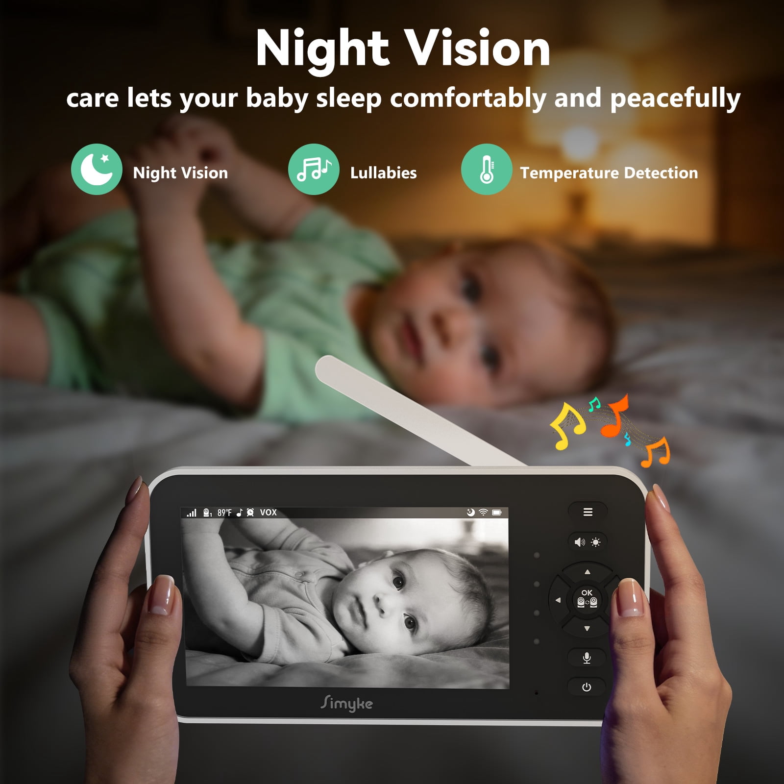 Simyke 2Camera Video Baby Monitor with Audio,5'' IPS Screen,720P HD,App,Remote Pan/Tilt/Zoom,5Lullabies,Feeding Remind,HD Night Vision, VOX,2-Way Talk,1500ft Long Range,Temperature Sensor