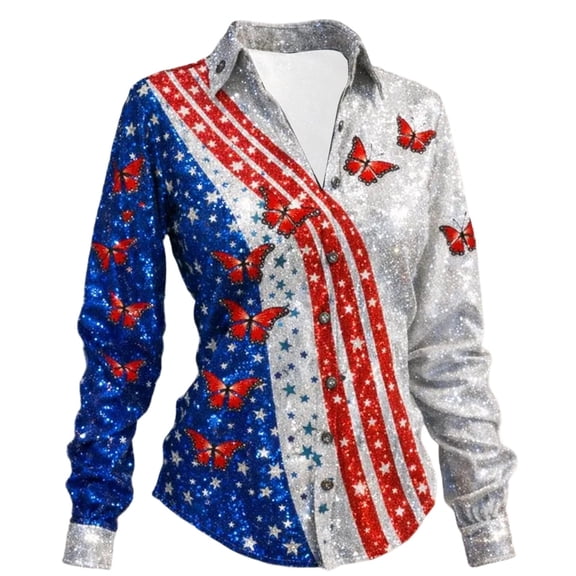 IWRICH Plus Size Patriotic Shirts for Women USA Flag 4th of July Outfits Button down Long Sleeve Tops Casual V Neck Tunic Blouses 09-Red XL