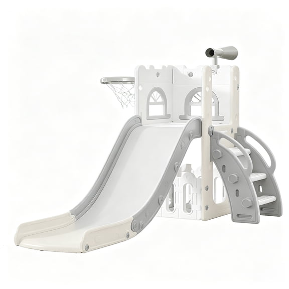 6-in-1 Toddler Slide Play Set for Ages 1–3, Blue Multi-Functional Indoor Outdoor Kids Slide with Basketball Hoop & Telescope, L-Shaped Children Slide, Gray