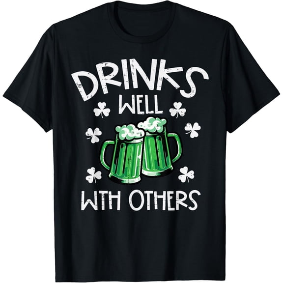 Men's 100% Cotton T-Shirt 180gsm - St Patricks Day Mug Drinks Well with Others Saint Paddys T-Shirt, Black Comfortable Breathable Soft Tee, Gift for Men