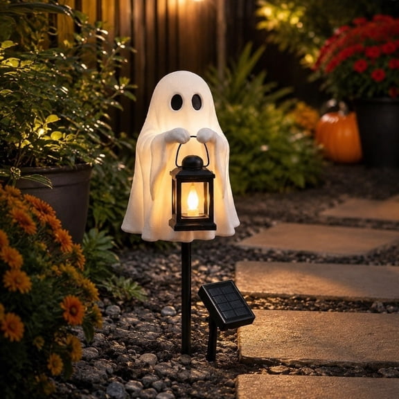Halloween Solar Ghost Pathway Lights Outdoor, Resin Ghost Holding Lantern Solar Powered Garden Stake Light, Spooky Waterproof Lawn Yard Decoration
