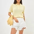 thumbnail image 4 of Women Hollow Knitted -Shirt Casual Short Sleeve Loose Lapel Solid Color Top Yellow M, 4 of 8