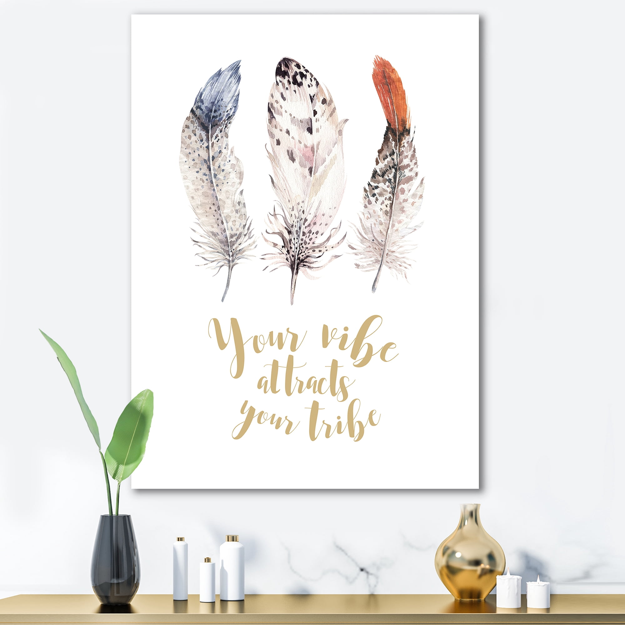 Designart ' Your Vibe Attracts Your Tribe Ethnic Feathers II ' Bohemian & Eclectic Canvas Wall Art Print