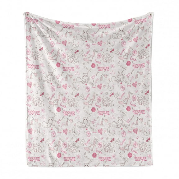 Love Soft Flannel Fleece Throw Blanket, Hand Drawn Style Romantic Kissing Birds Eros Flower Dragonfly Cat, Cozy Plush for Indoor and Outdoor Use, 50" x 70", Pale Coral Pink Brown, by Ambesonne