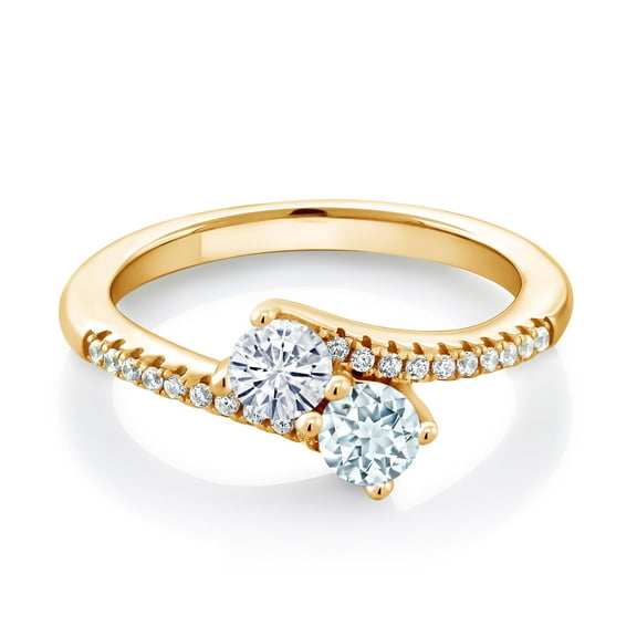 Gem Stone King 18K Yellow Gold Plated Silver White Moissanite and Sky Blue Aquamarine Bypass Ring for Women (0.72 Cttw, Gemstone Birthstone, Round 4MM, Size 5)