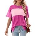 thumbnail image 3 of Womens Summer Oversized 2025 Crewneck Casual Color Block Striped Shirts Blouses Pink L, 3 of 9