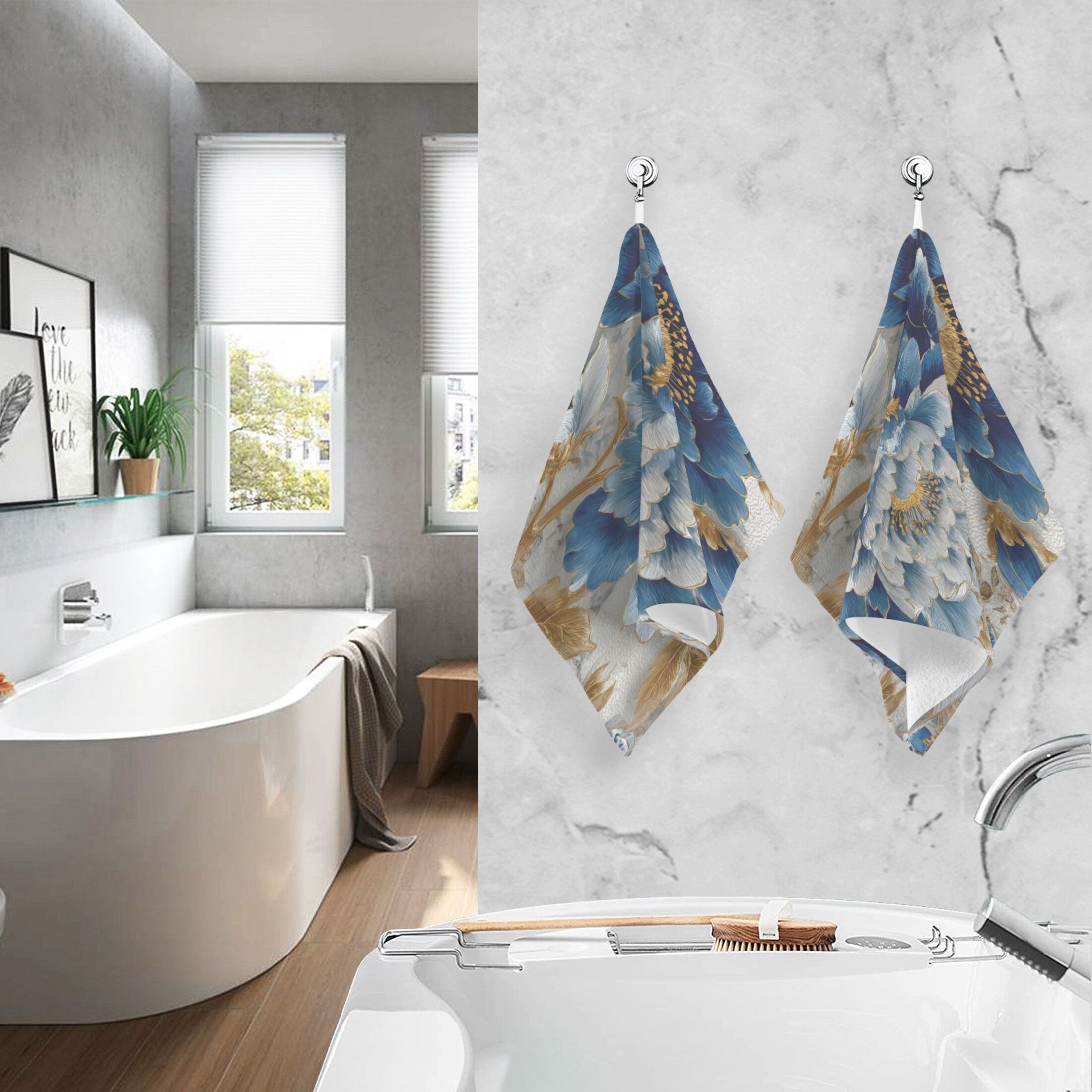 2 Pieces of Cotton Towel Face Towel Set Hand Towel Bath Towel Cotton Bath Towel Sets Blue White Flowers