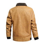 IROINNID Men's Long Sleeve V-Neck Faux Leather Turndown Lapel Short Jacket Solid Color Leisure Plus Velvet Padded Side Seam Pocket Jacket Leather Jacket