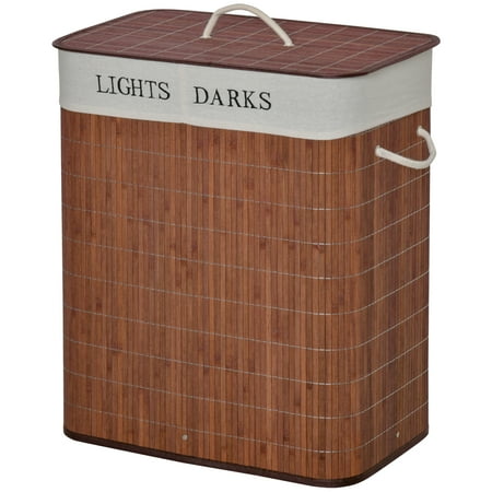 Bamboo Laundry Hamper with Lid, 2 Removable Laundry Bags and String Handles, Brown