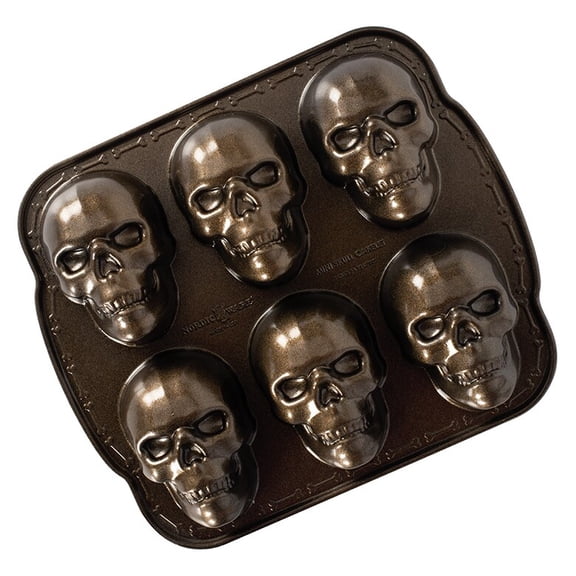 Haunted Skull Cakelet Pan, 6-Cavity Nonstick Cast Aluminum Skull Cake Pan, 6 x 8 Inch Baking Mold for Cakes, Brownies, Cupcakes and Holiday Treats
