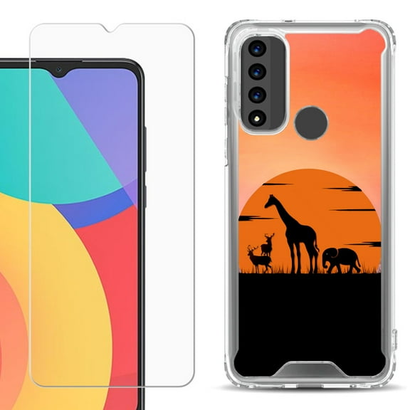 Shockproof Bumper Phone Case for TCL 20 XE, with Tempered Glass Screen Protector, by OneToughShield ® - Sunset Safari