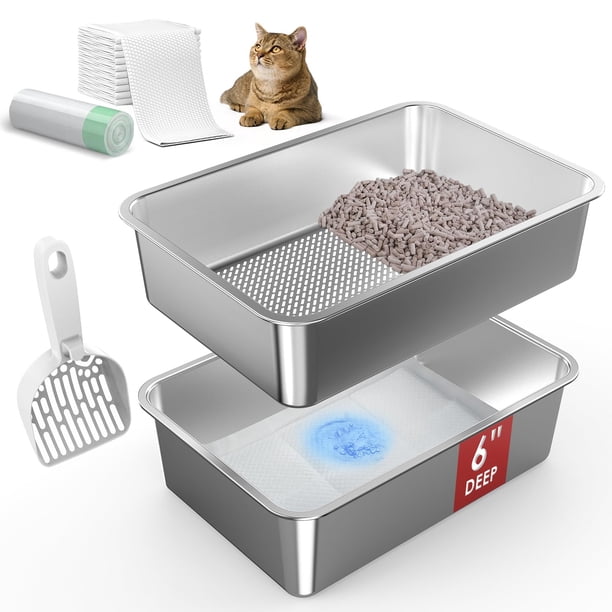 Caja de arena Suzzipaws de acero inoxidable de 50 x 35 x 15 cm con accesorios