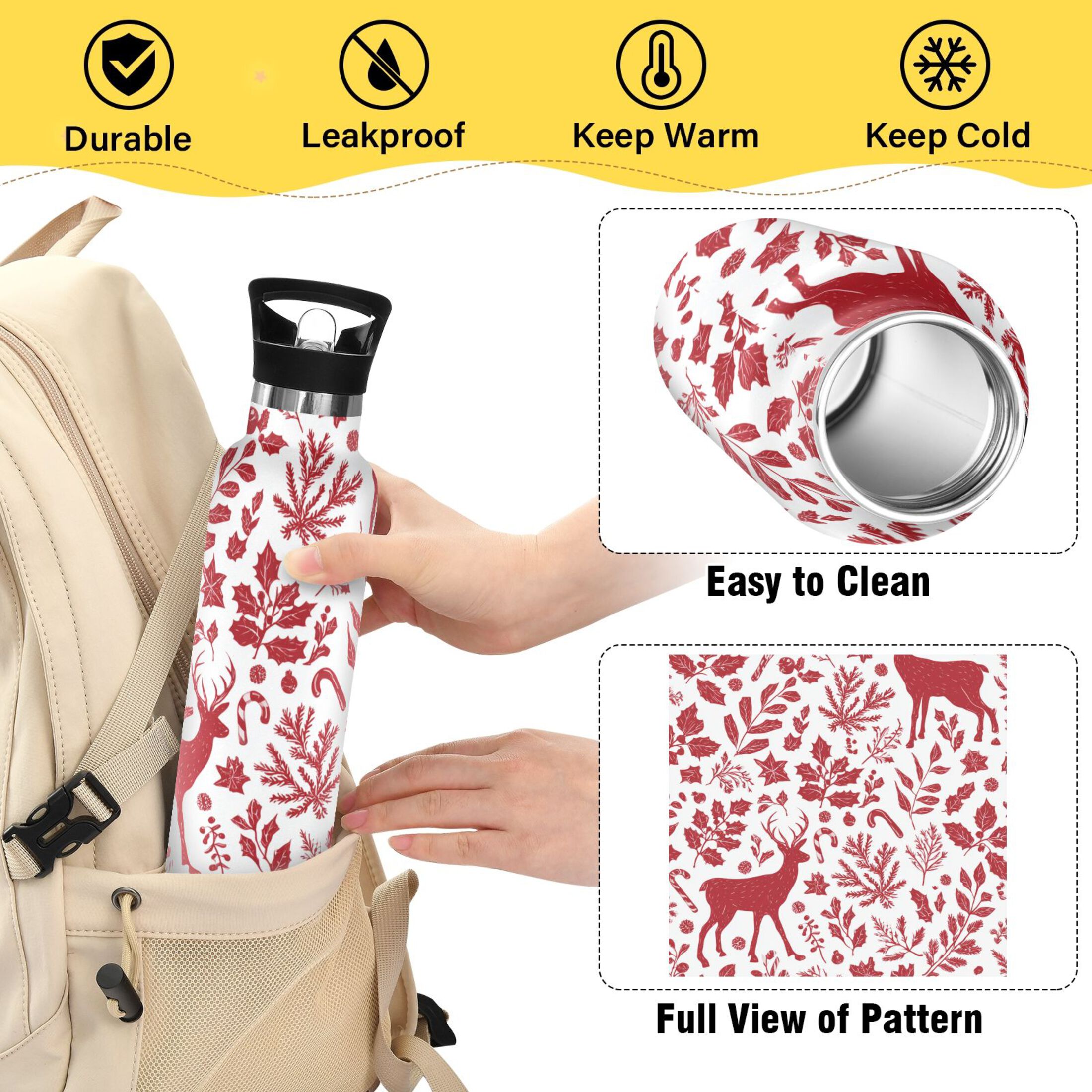 600ML Stainless Steel Insulated Cup Sports Water Bottle Portable Thermos Cup Water Glasses Insulated Tumblers Convenient and Durable Red Christmas Deer