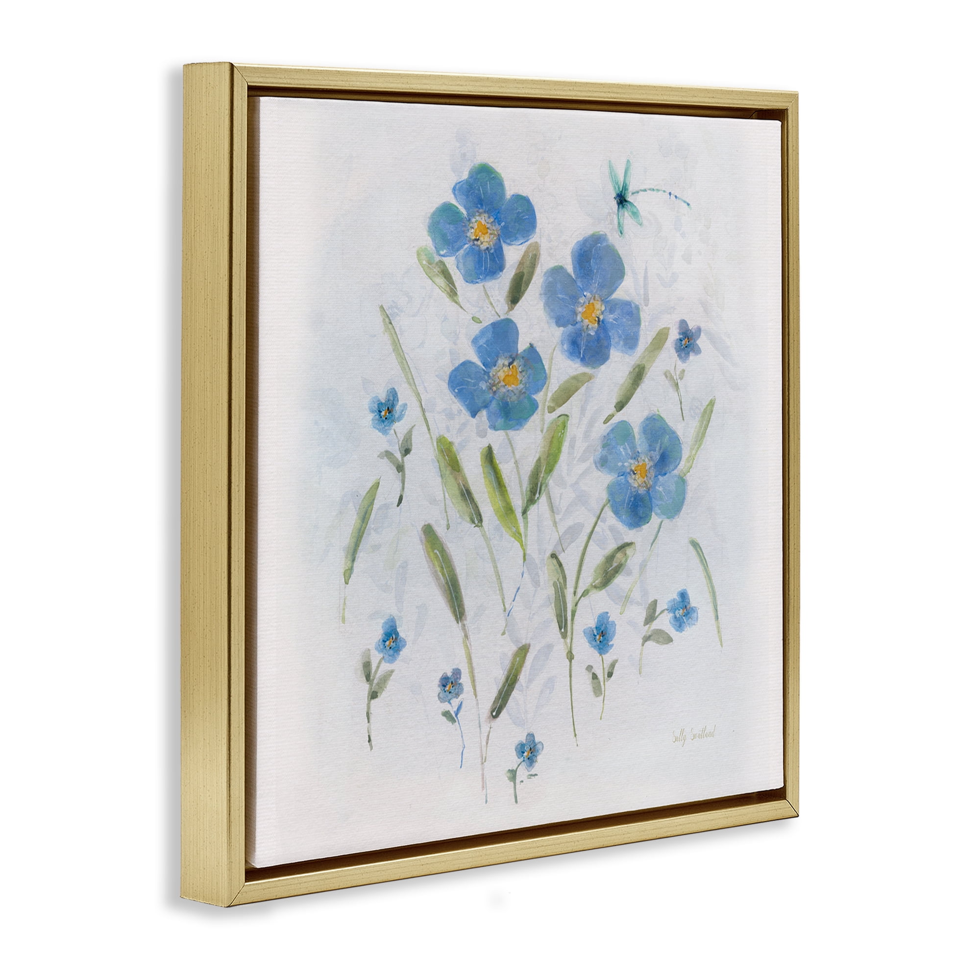 Stupell Industries Dragonfly & Blue Florals Plants & Flowers Painting Gold Floater Framed Canvas Art Print Wall Art, 18 x 18