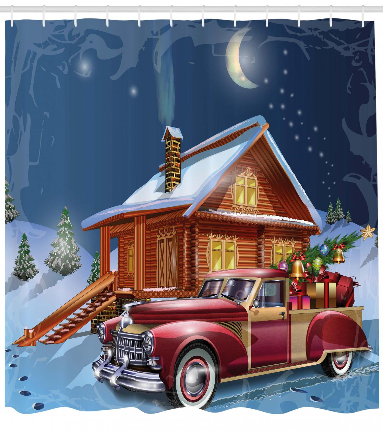 Shower Curtain Wooden Lodge With Classic American Truck Shower Curtain Wooden Lodge With Classic American Truck And Tree Gifts Starry Sky Winter Snow Fabric Bathroom Set Hooks Multicolor