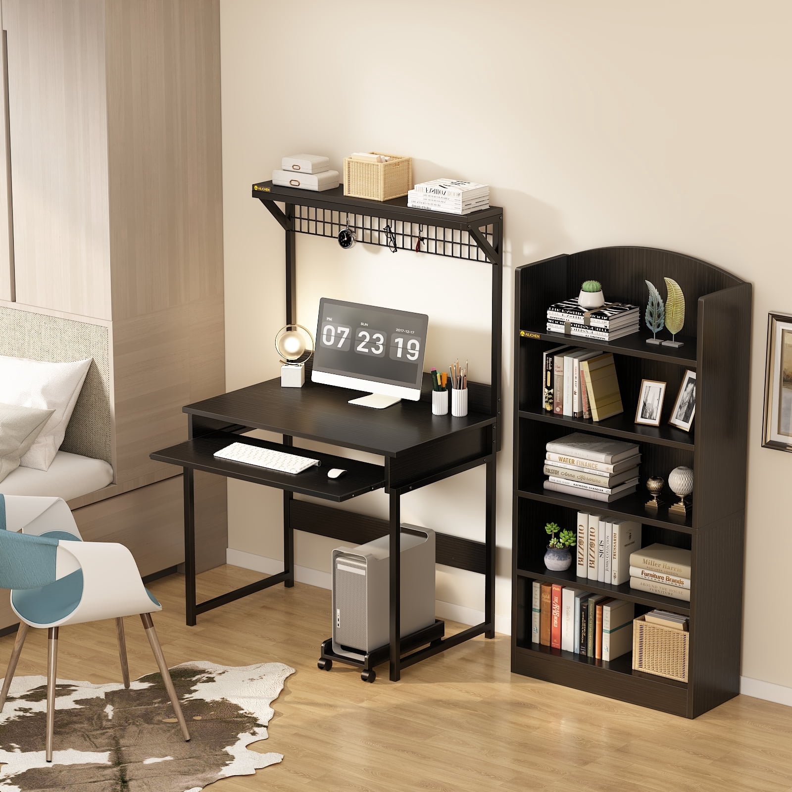 NEWSENDY Industrial Style Multi-tier Standing Computer Desk with Keyboard Tray & Storage Shelves, Sturdy Home Office Workstation for Adults