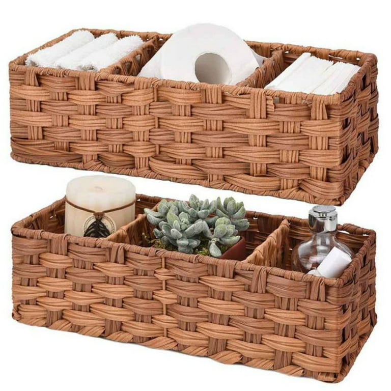 Multiuse Hand Woven Plastic Wicker Basket with Divider for  Organizing,Rustic Farmhouse Bathroom Decor,Countertop Organizer  Storage,14.4x6.1x4.3inches 
