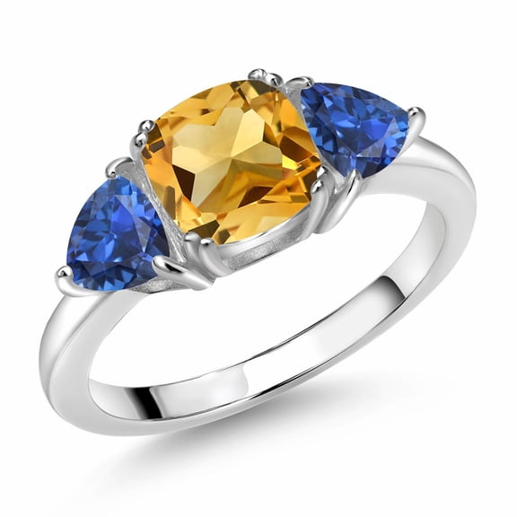 Gem Stone King 2.48 Cttw Yellow Citrine and Blue Created Sapphire 3-Stone Engagement Ring for Women | 925 Sterling Silver | Gemstone Birthstone | Wedding Engagement Anniversary Promise Ring | Size 9