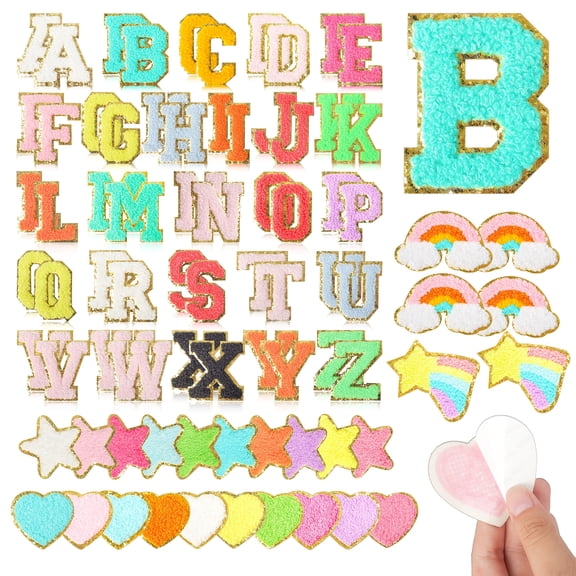 78 pcs Full Set Colorful Chenille Letter & Design Patches - Durable, Self-Adhesive for Personalized DIY Crafts: Customize Backpacks, Jackets, Hats, and Bags with Playful Alphabets & Shapes