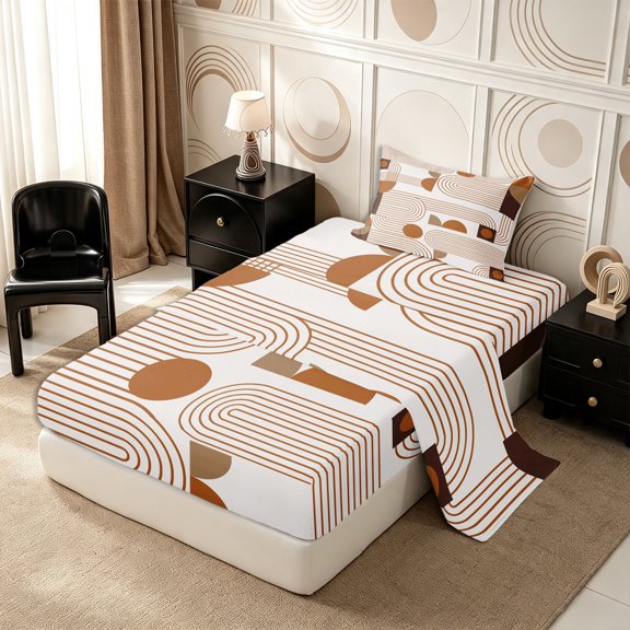 Castle Fairy Vintage Linear Arch Pattern Twin Sheets 3pcs,Mid Century Retro Aesthetics Bedding,Cream Coffee Brown,1 Flat Sheet, 1 Fitted Sheet and 1 Pillowcase