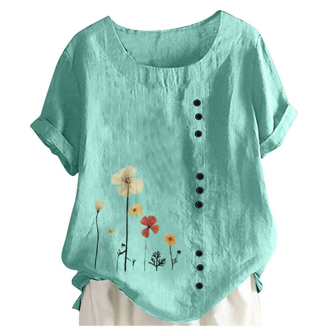 Birdeem Blouses pour Femmes T-Shirt d'Été à Col Rond Manches Courtes Mode Décontractée Imprimé Bouton