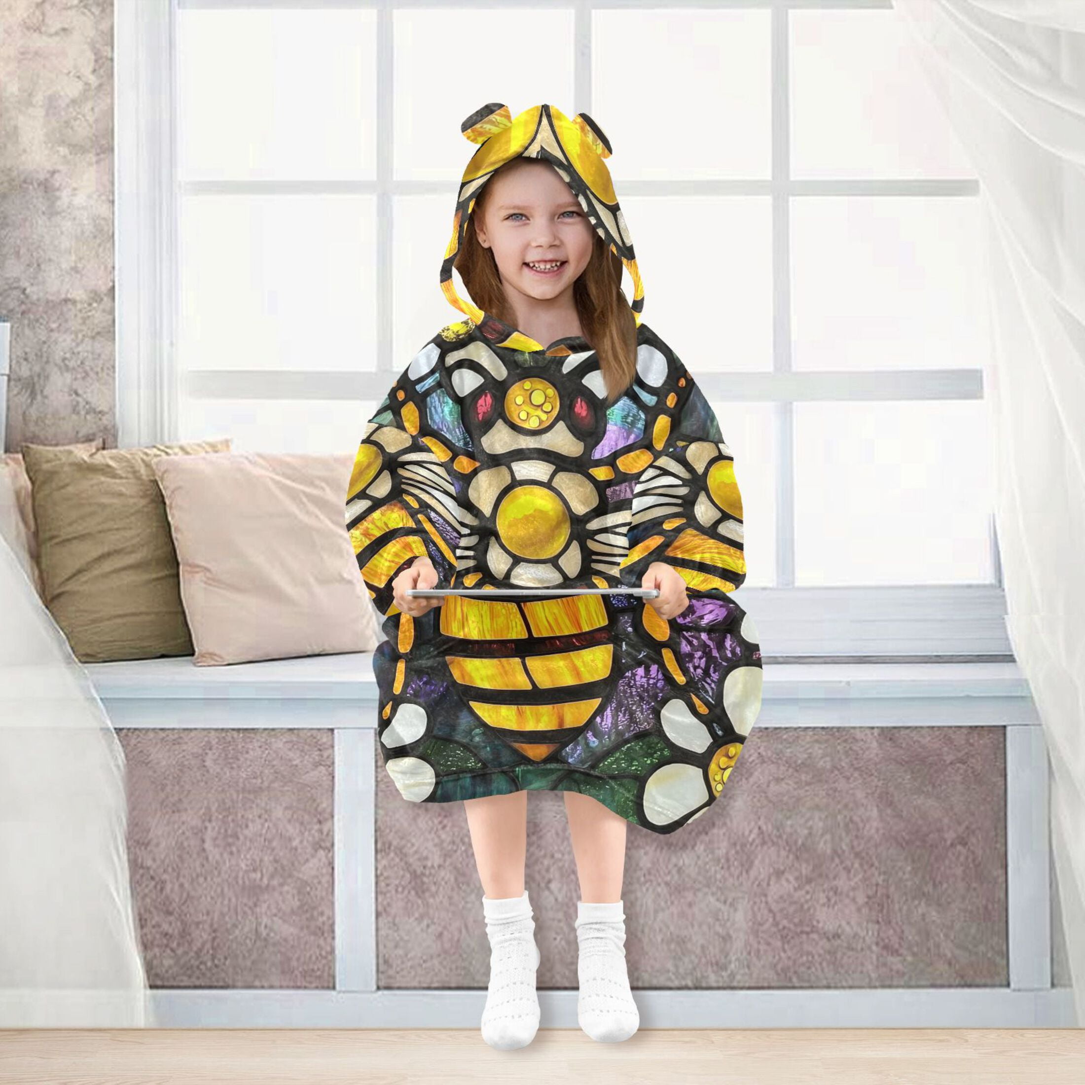 joogoo Wearable Blanket Hoodie Bee in Bohemia Floral-1 for Flannel Sherpa Pocket 3-14 YR L