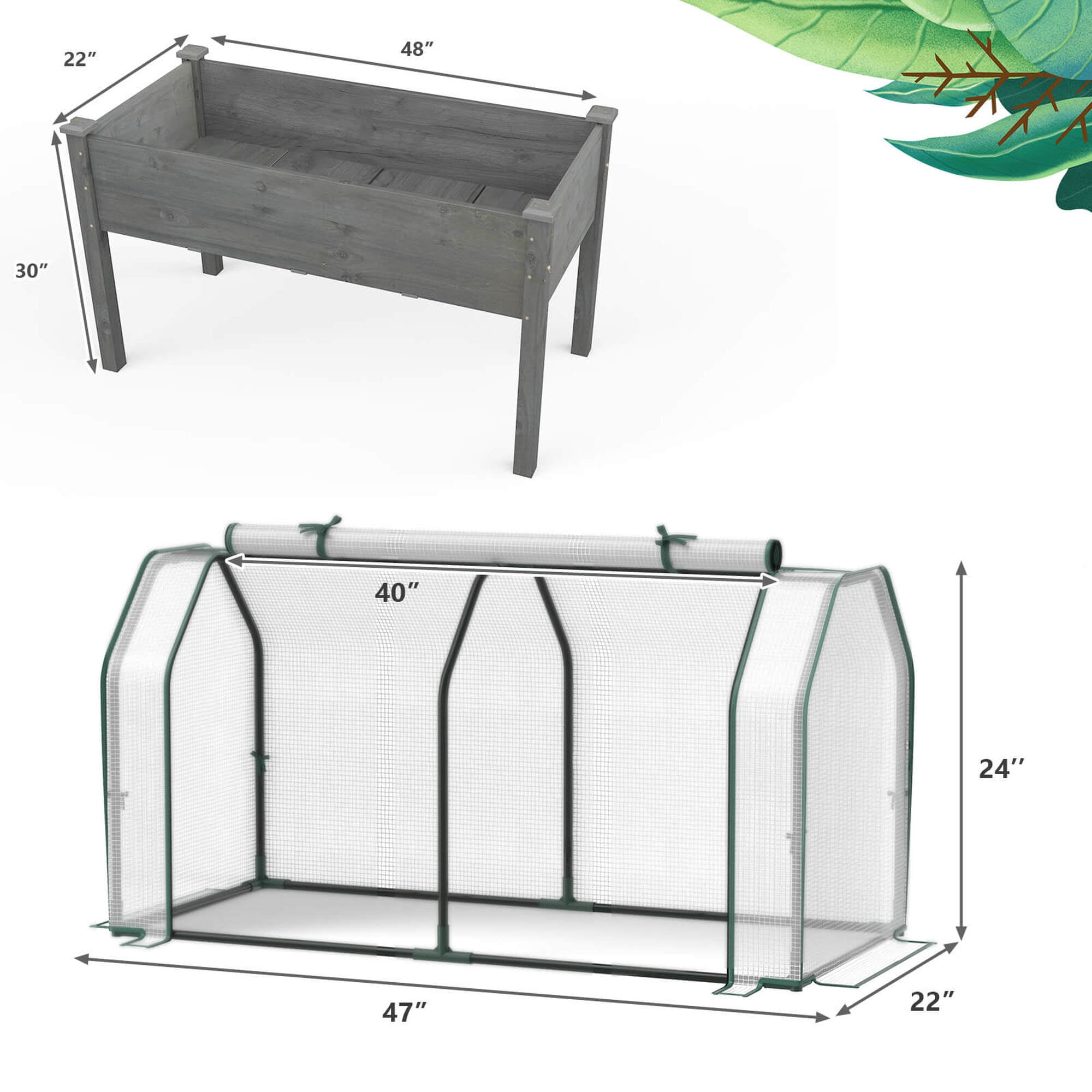 Costway Raised Garden Bed with Dual Zipper Door Greenhouse for Patios and Backyards Grey