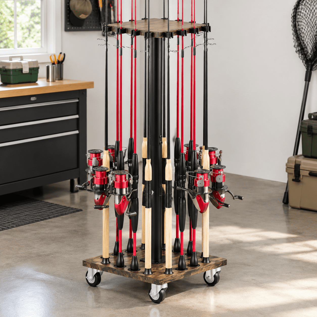 Brown Fishing Rod Rack 16-Pole Capacity 360° Rotating Base Space-Saving Floor Stand