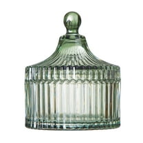 Beautiful Contemporary Sage Green Ribbed Glass Lidded Decorative Jar by Drew Barrymore, 4.02" L x 4.84" H