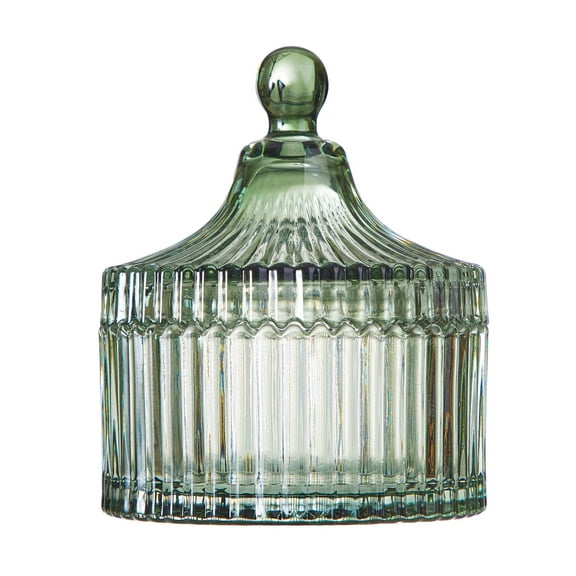 Beautiful Contemporary Sage Green Ribbed Glass Lidded Decorative Jar by Drew Barrymore, 4.02" L x 4.84" H